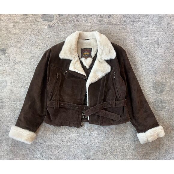 Adventure Abound Jackets & Blazers - 90s Adventure Bound Leather Shearling Sherpa Deep Pile Fur Bomber Jacket Women M